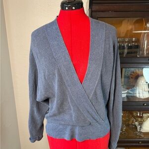 Poetry Blue Linen Cotton Wrap Front Sweater UK 12 US 8 Lightweight Knit